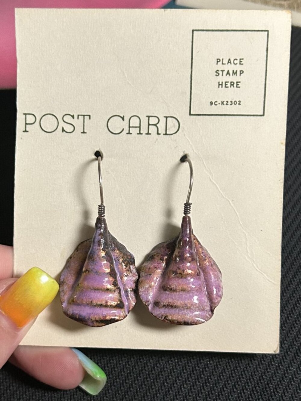 Vintage Artisan Purple Enamel Raku Ceramic Drop Dangle Earrings
